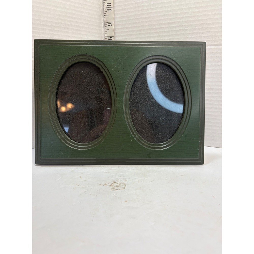Dark Green Wood Double Oval Picture Frame Tabletop Wall Mount Vintage